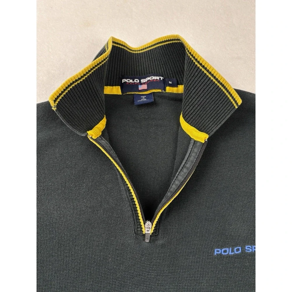 Polo Sport Ralph Lauren‎ Quarter Zip Pullover Green Yellow Waffle Knit Size M